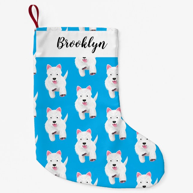 Cute white west highland terrier cartoon small christmas stocking (Front)