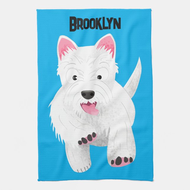 Cute white west highland terrier cartoon tea towel (Vertical)