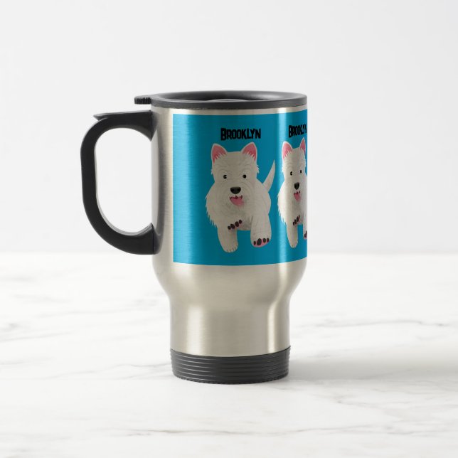 Cute white west highland terrier cartoon travel mug (Left)