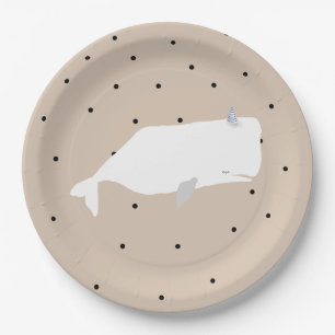 Cute White Whale Baby Shower Neutral Beige  Paper Plate