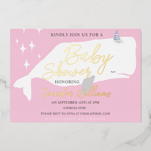 Cute White Whale Girl Baby Shower Pink Invitation  (Front)