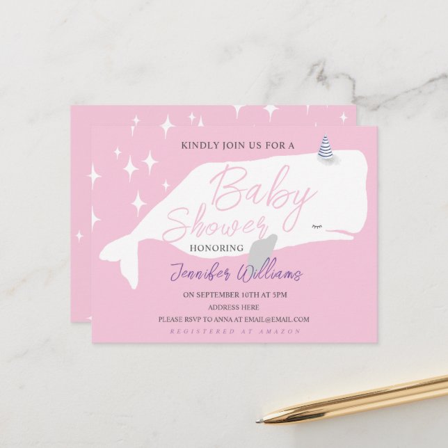 Cute White Whale Girl Baby Shower Pink Invitation Postcard (Front/Back In Situ)