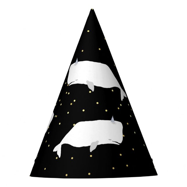 Cute White Whale Gold Dots Black Party Hat (Front)