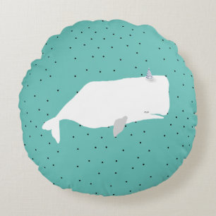 Cute White Whale Light Teal Round Cushion