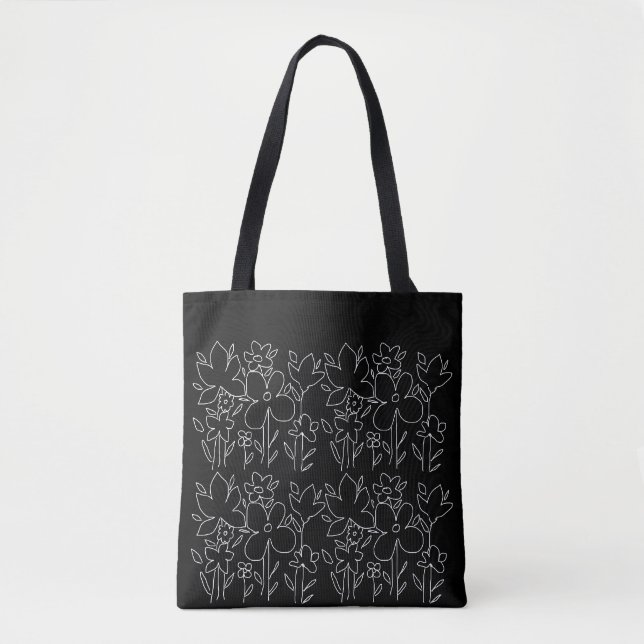 Cute White Wildflowers Pattern Black and White Tote Bag (Front)