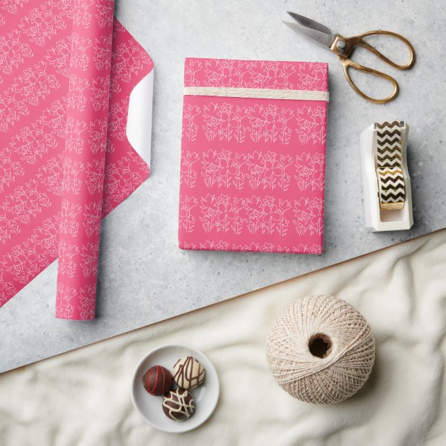 Cute White Wildflowers Pattern On Pink Wrapping Paper (Crafts)