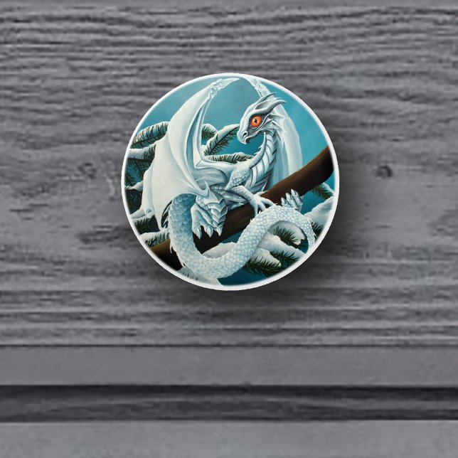 Cute White Winter Dragon Snowy Pine Tree Fantasy Ceramic Knob (Creator Uploaded)