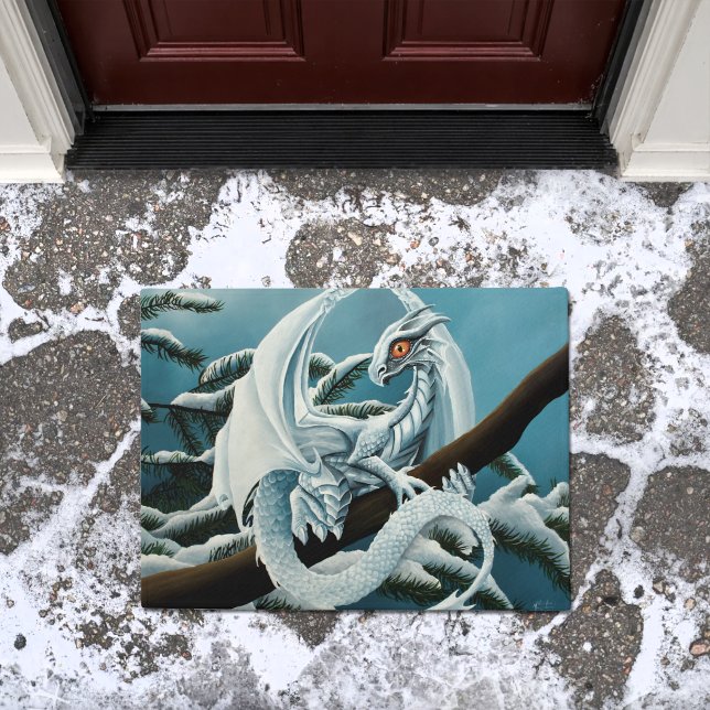 Cute White Winter Dragon Snowy Pine Tree Fantasy Doormat (Creator Uploaded)