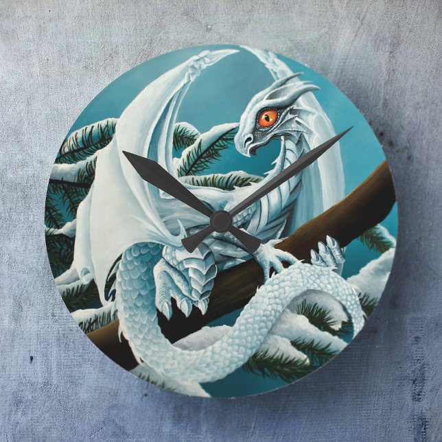 Cute White Winter Dragon Snowy Pine Tree Fantasy Round Clock (Creator Uploaded)