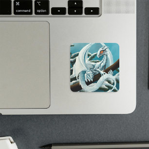 Cute White Winter Dragon Snowy Pine Tree Fantasy Square Sticker