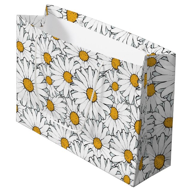 Cute White Yellow Daisies Floral Art Pattern Large Gift Bag (Front Angled)