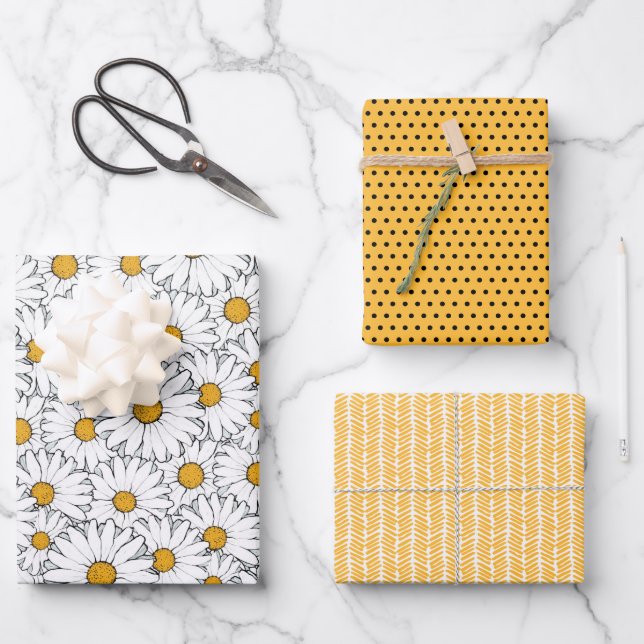 Cute White Yellow Daisies Floral Art Pattern Wrapping Paper Sheet (Front)