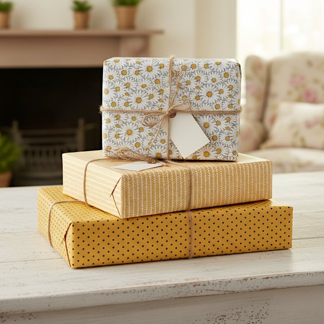 Cute White Yellow Daisies Floral Art Pattern Wrapping Paper Sheet (Creator Uploaded)