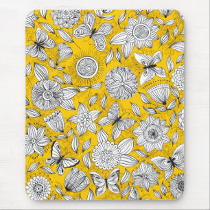 Cute white yellow floral abstract design mouse mat