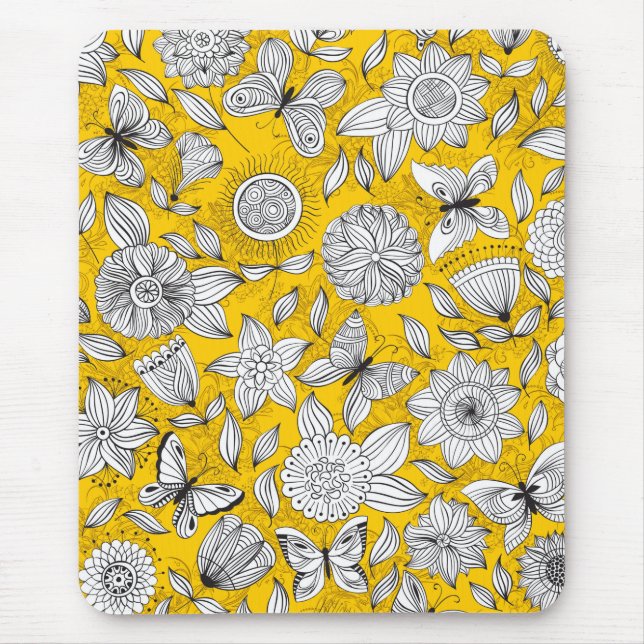 Cute white yellow floral abstract design mouse mat (Front)