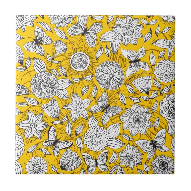Cute white yellow floral abstract design tile (Front)