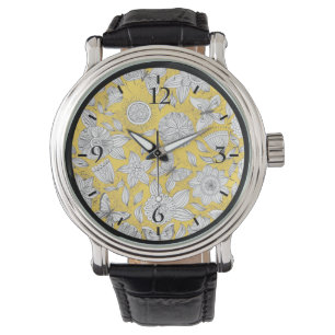 Cute white yellow floral abstract design watch