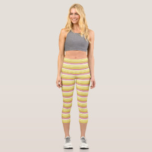 Cute white yellow stripes capri leggings