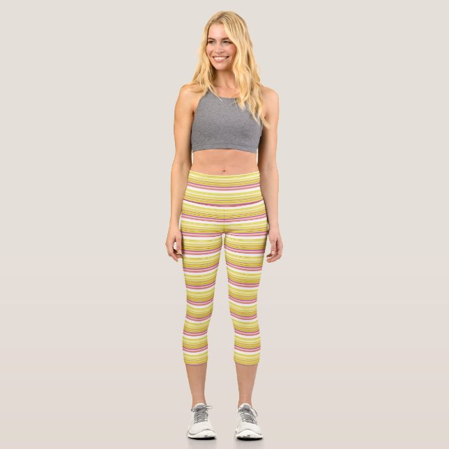 Cute white yellow stripes capri leggings (Front)