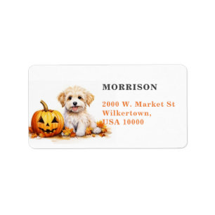 Cute White Yorkie Dog with Pumpkin Label