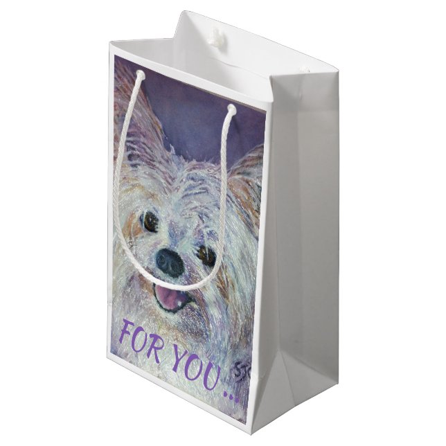 CUTE WHITE YORKIE MIX SMALL GIFT BAG (Front Angled)