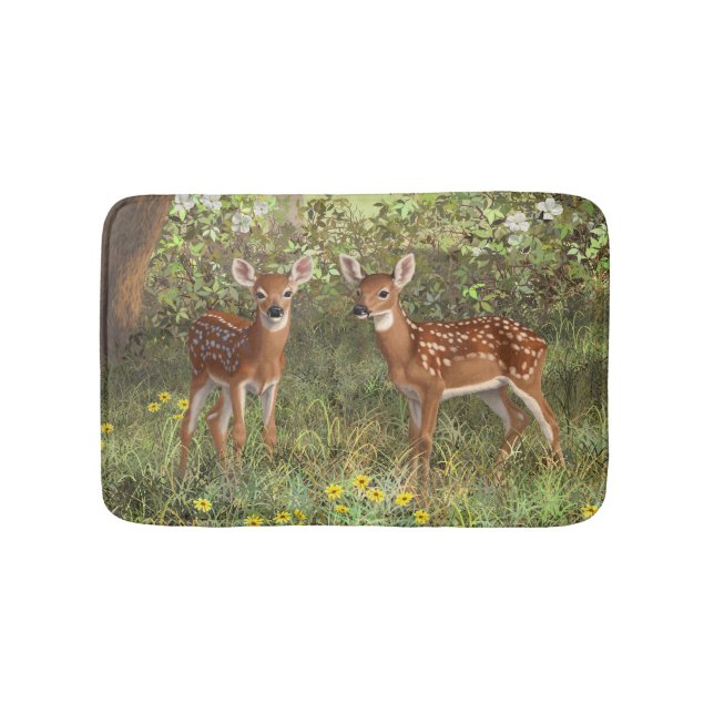 Cute Whitetail Deer Twin Fawns Bath Mat (Front)