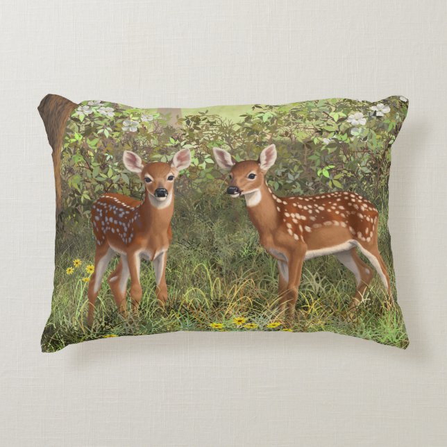 Cute Whitetail Deer Twin Fawns Decorative Cushion (Front)
