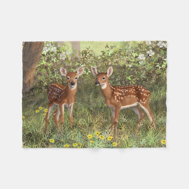Cute Whitetail Deer Twin Fawns Fleece Blanket (Front (Horizontal))