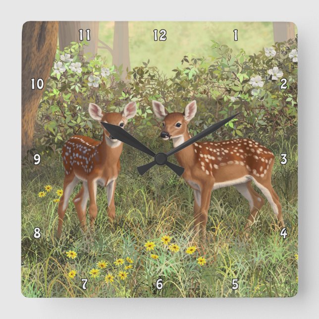 Cute Whitetail Deer Twin Fawns Square Wall Clock (Front)