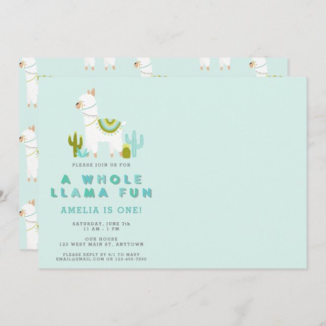 Cute Whole Llama Fun Aqua First Birthday Photo Invitation (Front/Back)