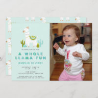 Cute Whole Llama Fun Aqua First Birthday Photo