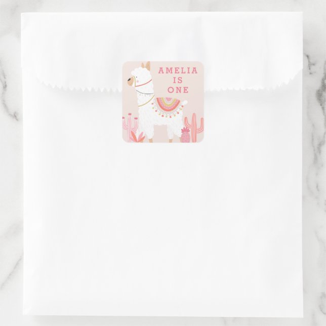 Cute Whole Llama Fun Pink 1st Birthday Favour Square Sticker (Bag)