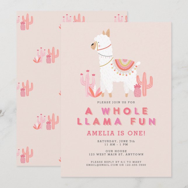 Cute Whole Llama Fun Pink First Birthday Party Invitation (Front/Back)