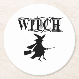Cute Wicked Flying Witch Halloween Round Paper Coaster