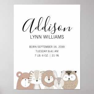Cute Wild Animals Baby Birth Stats Nursery Print