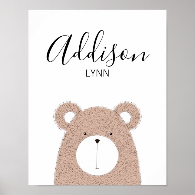 Cute Wild Animals Bear Baby Name Nursery Print (Front)