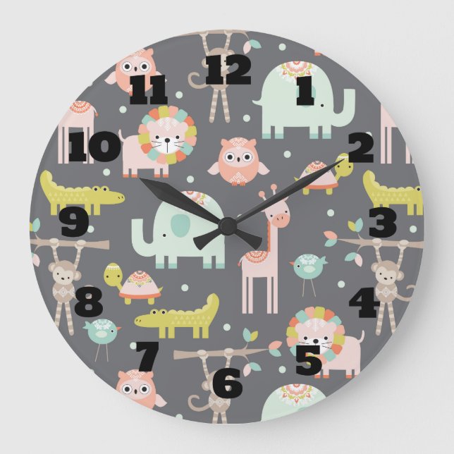 Cute Wild Animals Cartoon Illustration Nursery Large Clock (Front)
