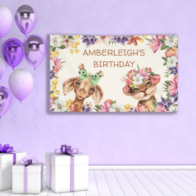 Cute Wild Animals Giraffe Tiger Flowers Birthday  Banner (Creator Uploaded)