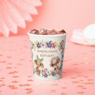 Cute Wild Animals Giraffe Tiger Flowers Birthday Paper Cups