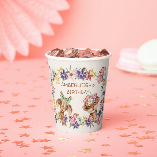Cute Wild Animals Giraffe Tiger Flowers Birthday  Paper Cups (Insitu)