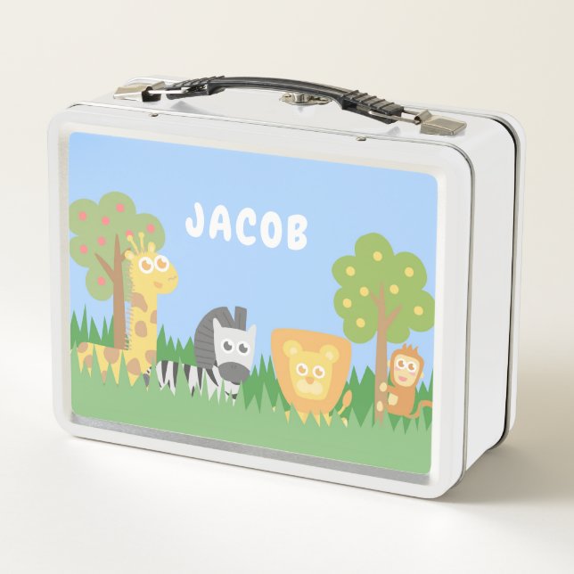 Cute Wild Animals Giraffe Zebra Lion Monkey Metal Lunch Box (Back)