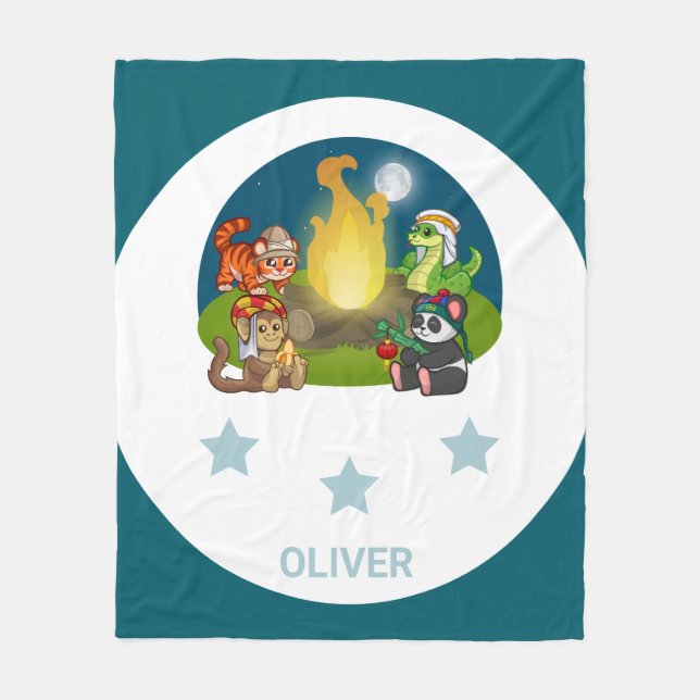 Cute Wild Animals Jungle Night Camping Party Kids Fleece Blanket (Front)