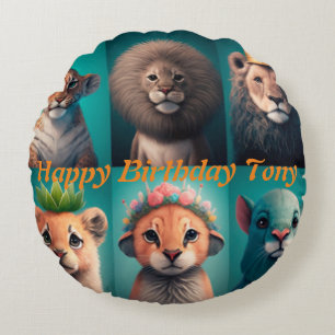 Cute wild animals wearing crowns blue  round cushion