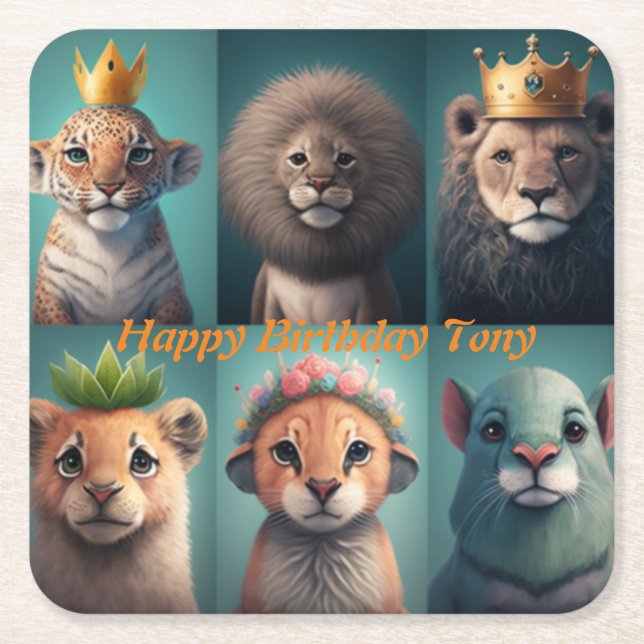 Cute wild animals wearing crowns blue     square paper coaster (Front)