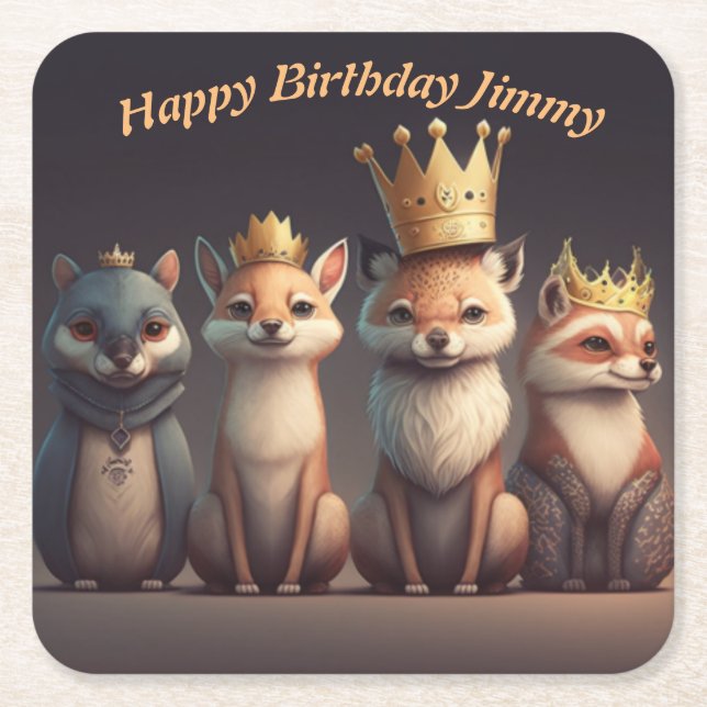 Cute wild animals wearing crowns    square paper coaster (Front)