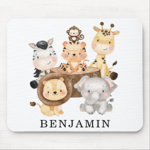 Cute Wild Baby Safari Animals Custom Monogram Name Mouse Mat