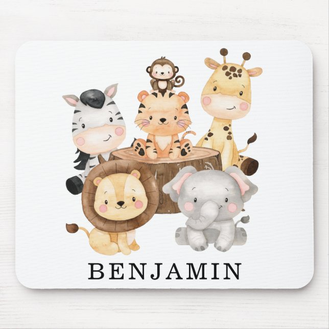 Cute Wild Baby Safari Animals Custom Monogram Name Mouse Mat (Front)