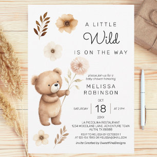 Cute Wild Bear Boho Flowers Baby Boy Shower Invitation