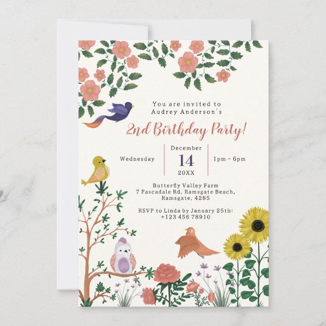 Cute Wild Flower and Birds Tea Party 2nd Birthday Invitation (Front)