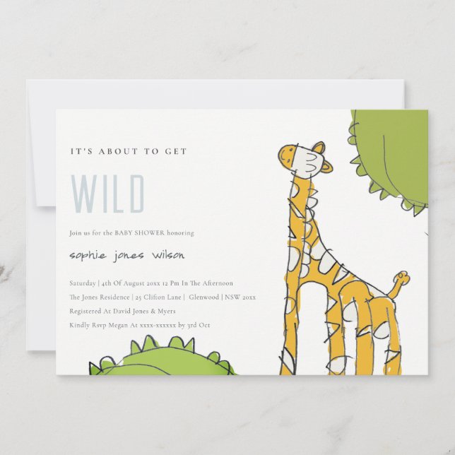 Cute Wild Giraffe Kid Drawn Baby Shower Invite (Front)